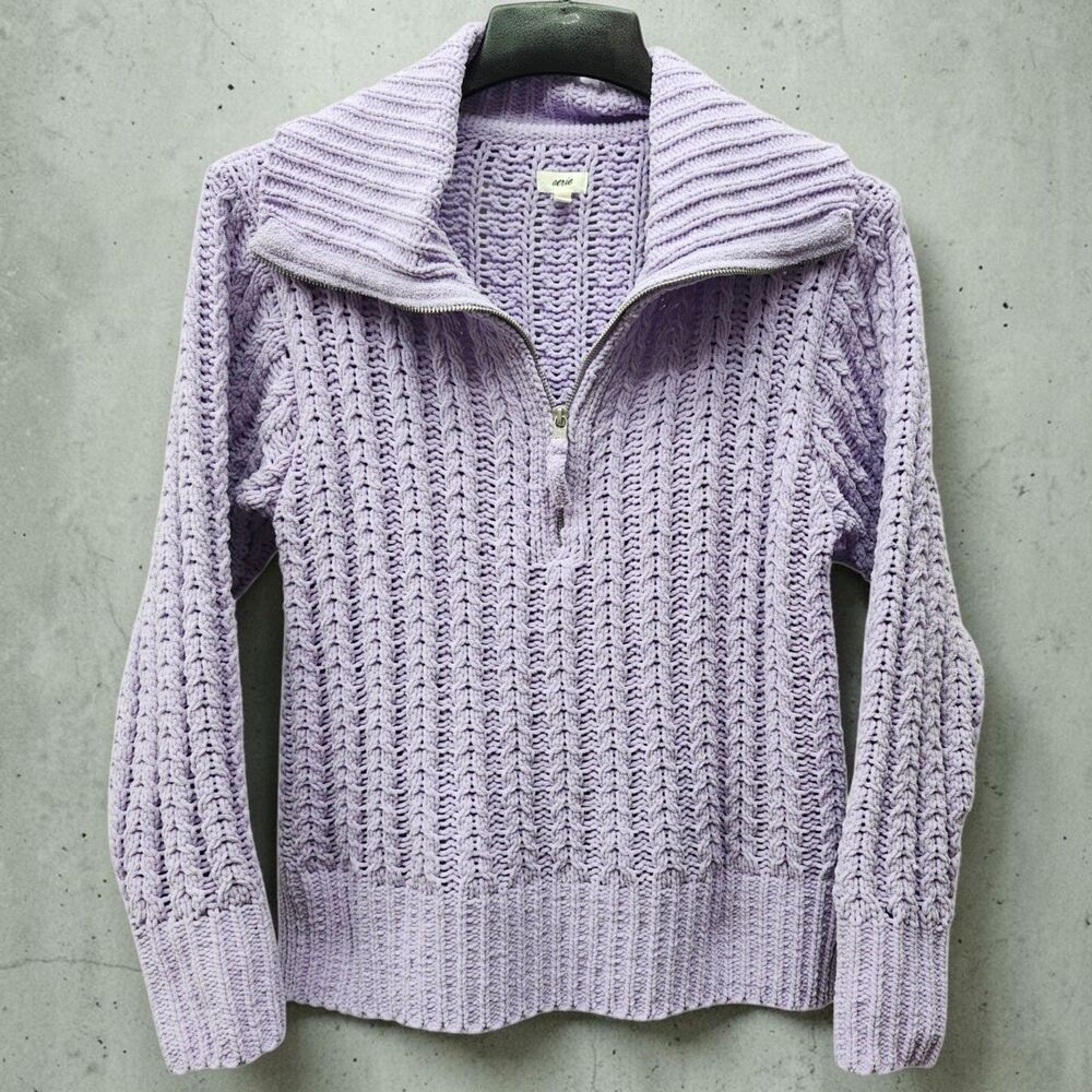 Aerie Cable Car Knit Sweater Womens XXS Lavender Quarter Zip Cottagecore Preppy